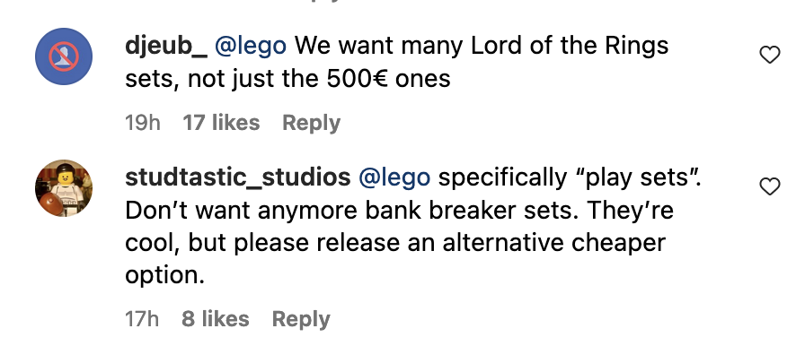 LEGO Instagram The Lord of the Rings comments 2