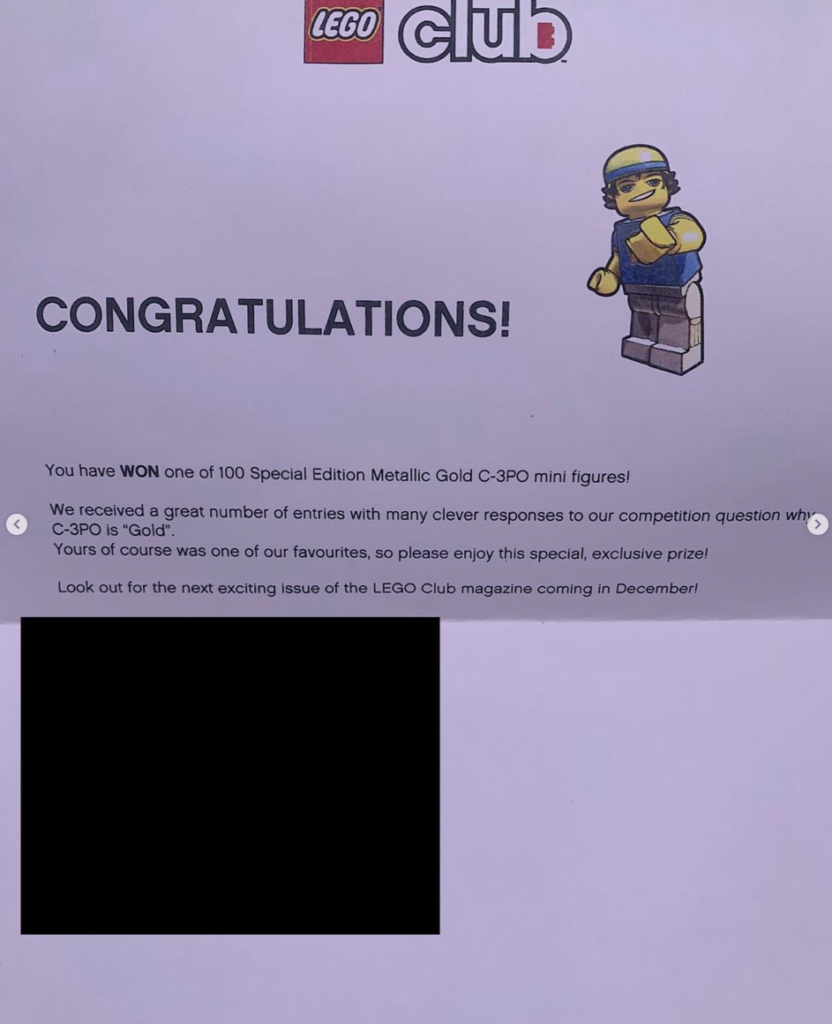 Chrome gold C 3PO winners letter