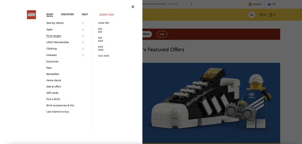 LEGO.com refresh price ranges menu