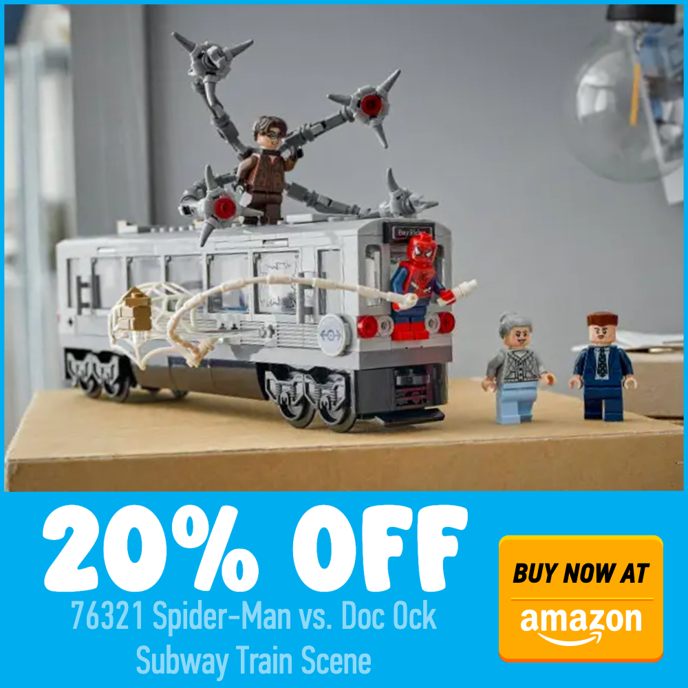 LEGO Marvel 76321 Spider Man vs. Doc Ock Subway Train Scene Amazon 20 off deal card